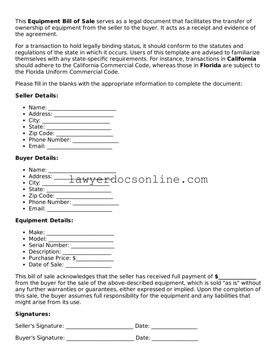 Free Equipment Bill of Sale Document