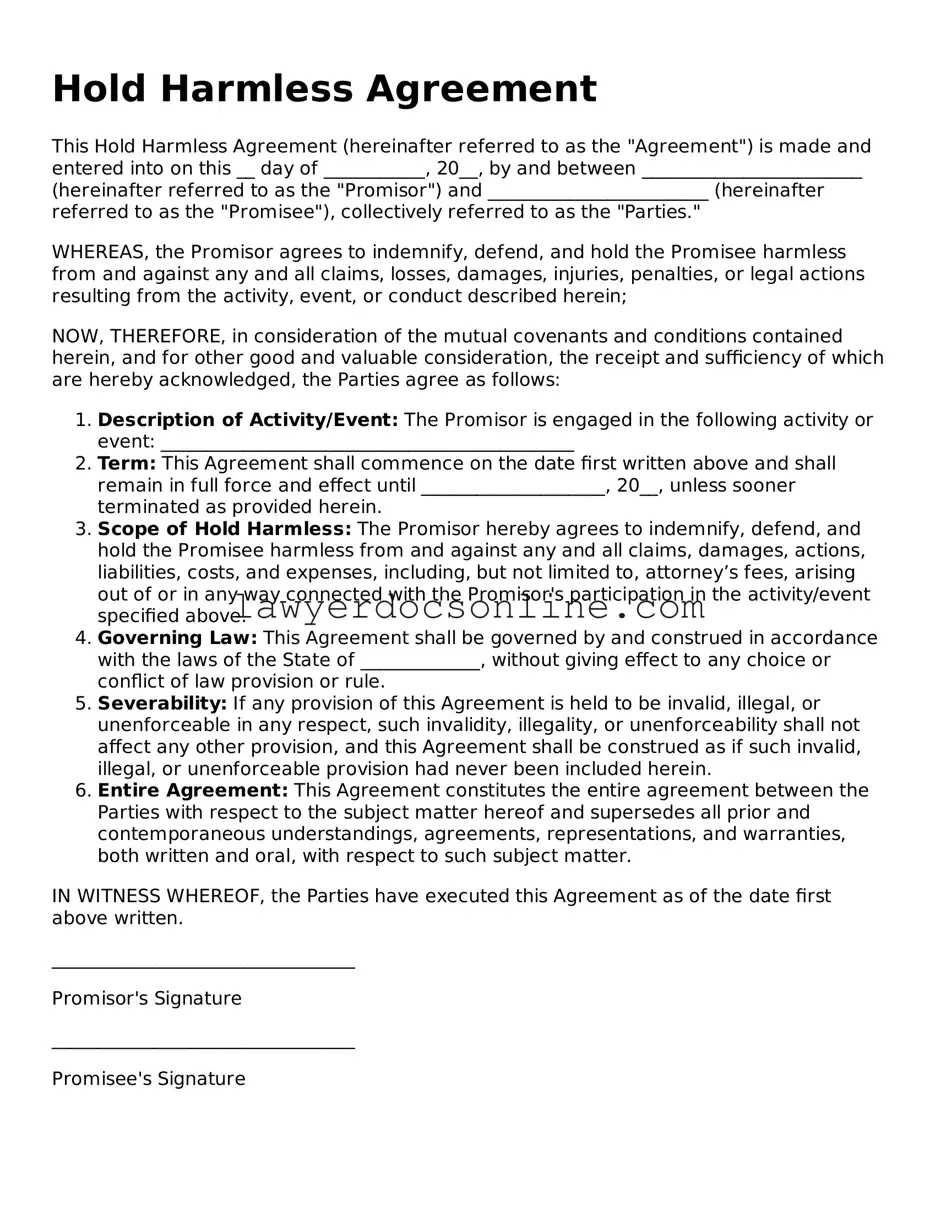 Free Hold Harmless Agreement Document