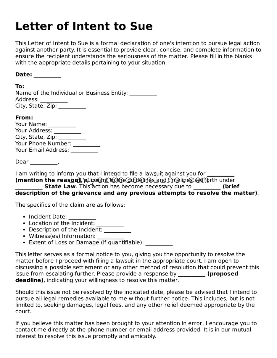 Free Letter of Intent to Sue Document