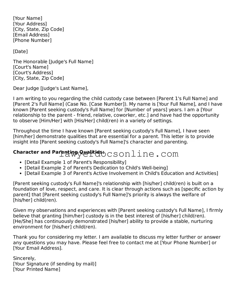 Free Character Reference Letter for Child Custody Document