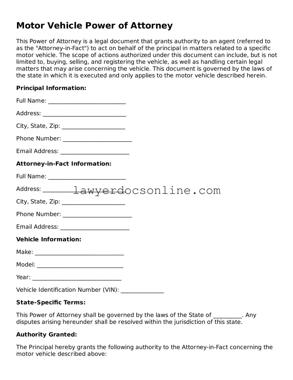 Free Motor Vehicle Power of Attorney Document