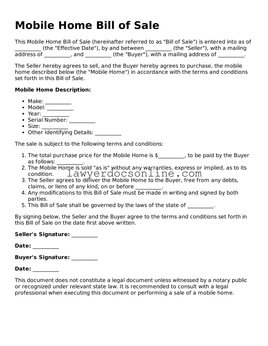 Free Mobile Home Bill of Sale Document