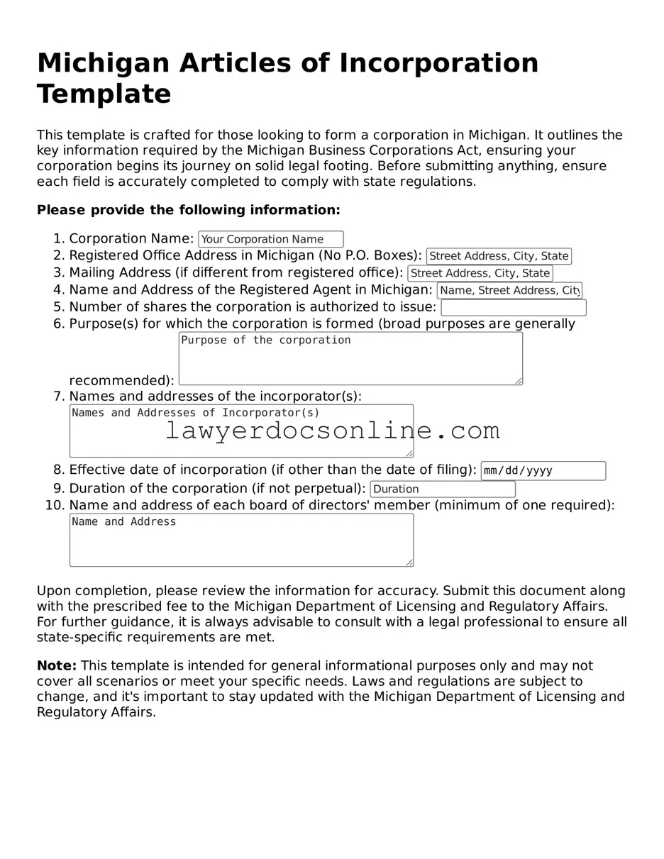 Legal  Articles of Incorporation Form for Michigan