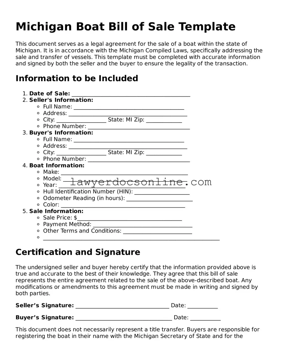 Legal  Boat Bill of Sale Form for Michigan