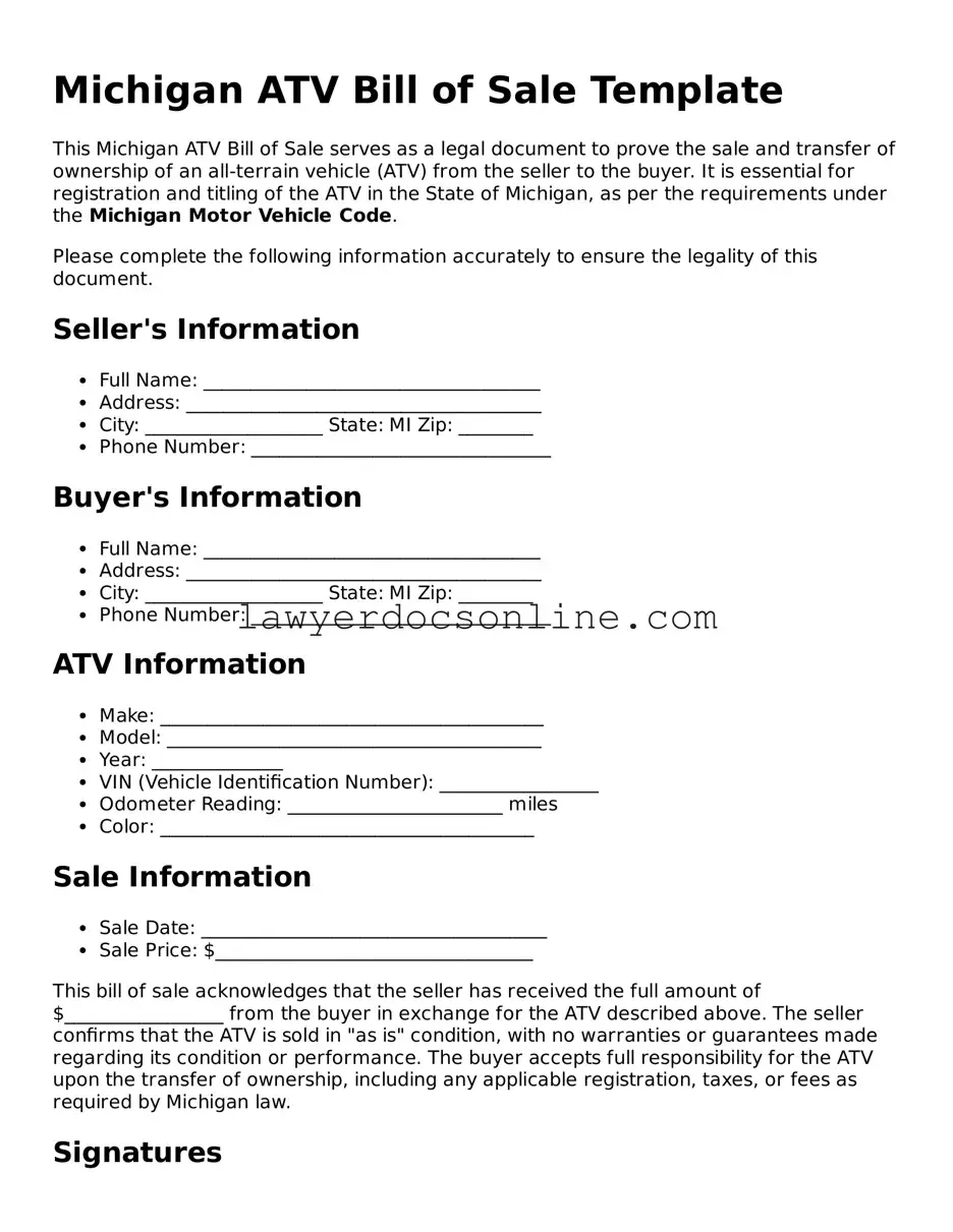 Legal  ATV Bill of Sale Form for Michigan