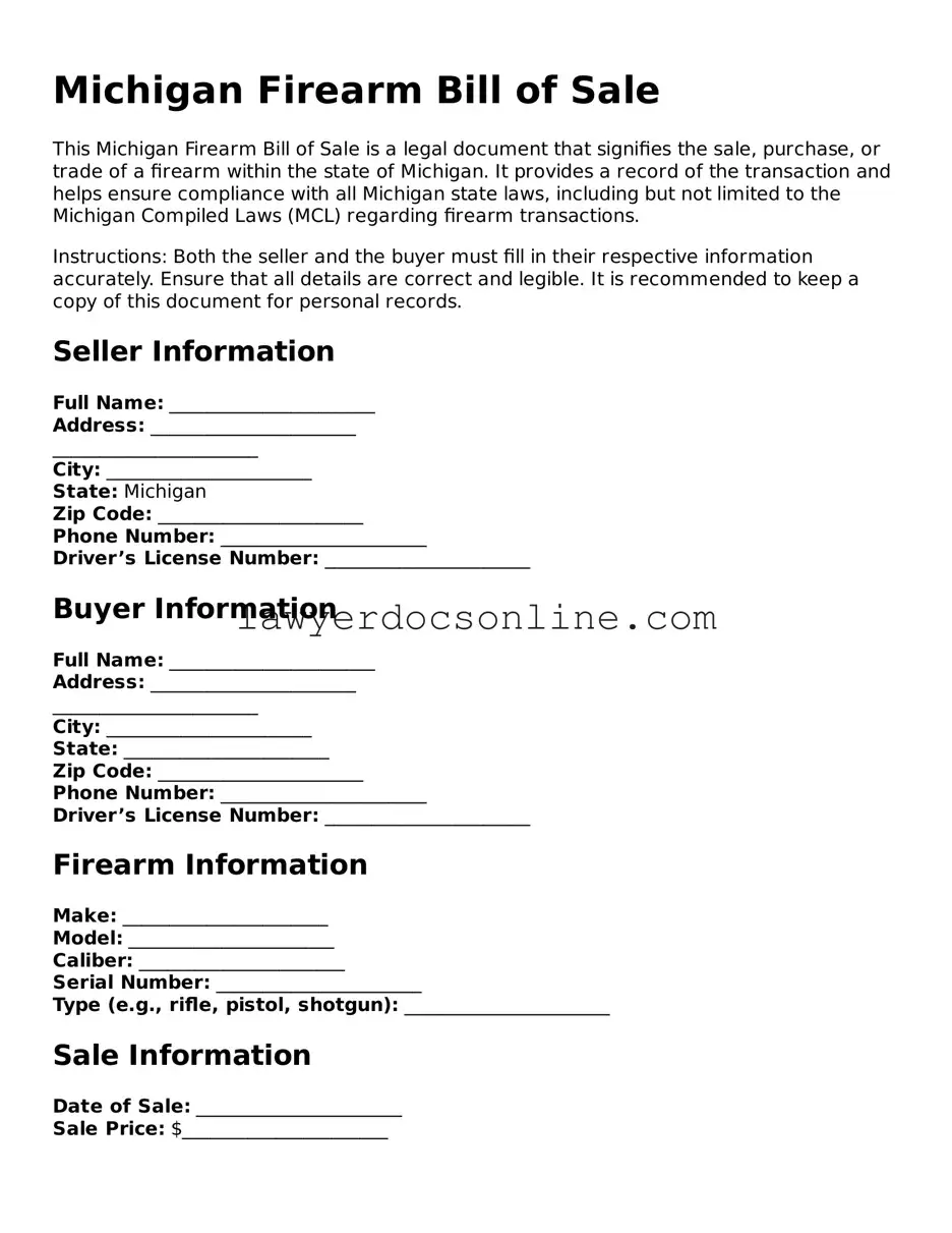 Legal  Firearm Bill of Sale Form for Michigan