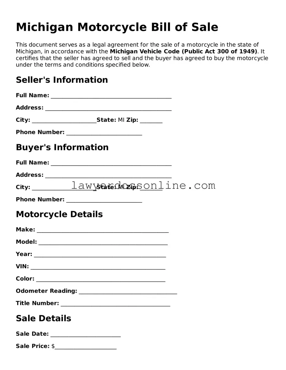 Legal  Motorcycle Bill of Sale Form for Michigan