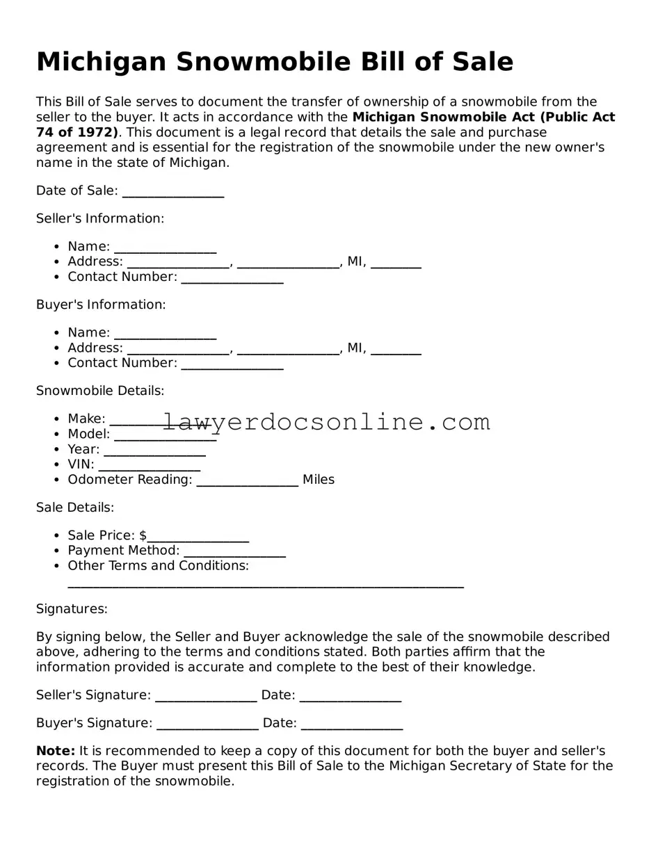 Legal  Snowmobile Bill of Sale Form for Michigan