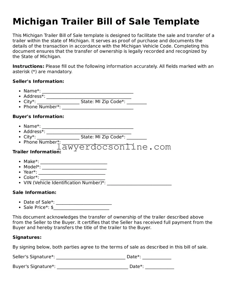 Legal  Trailer Bill of Sale Form for Michigan