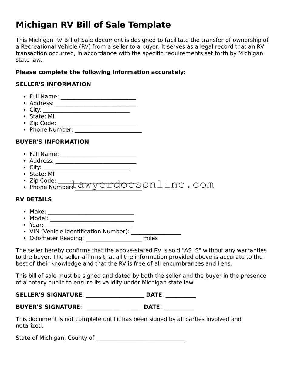 Legal  RV Bill of Sale Form for Michigan