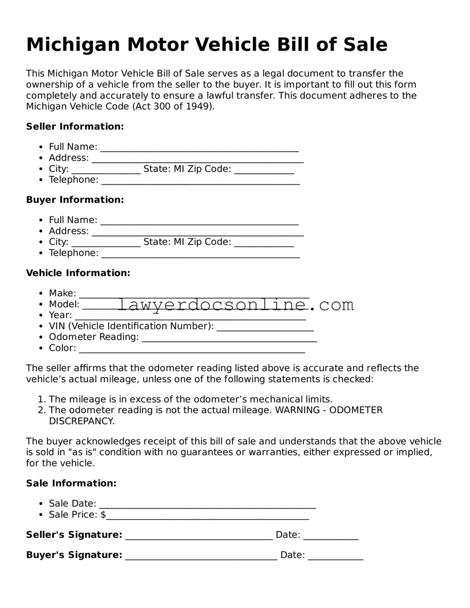 Legal  Motor Vehicle Bill of Sale Form for Michigan