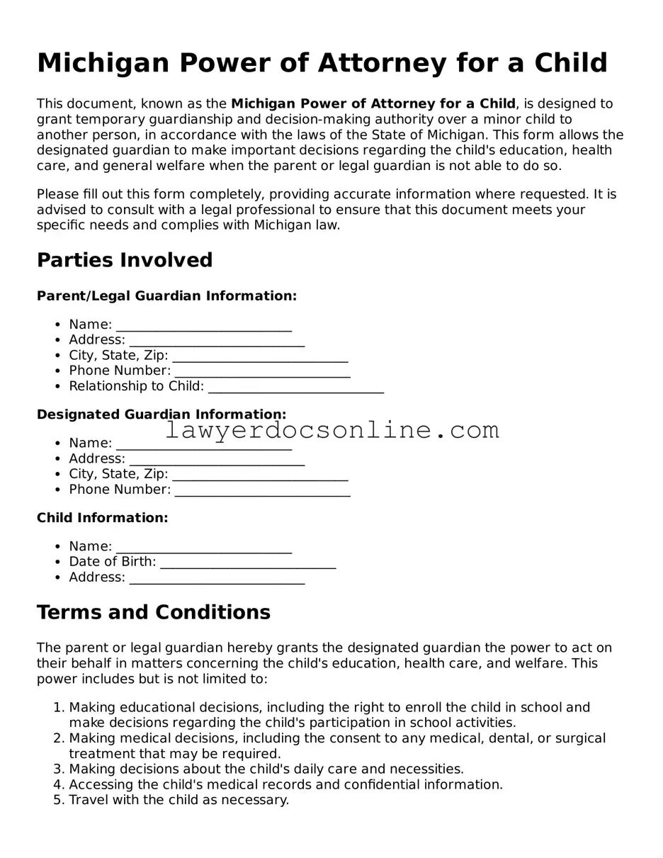 Legal  Power of Attorney for a Child Form for Michigan