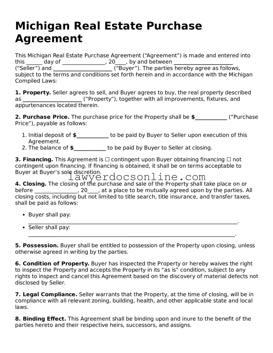 Legal  Real Estate Purchase Agreement Form for Michigan