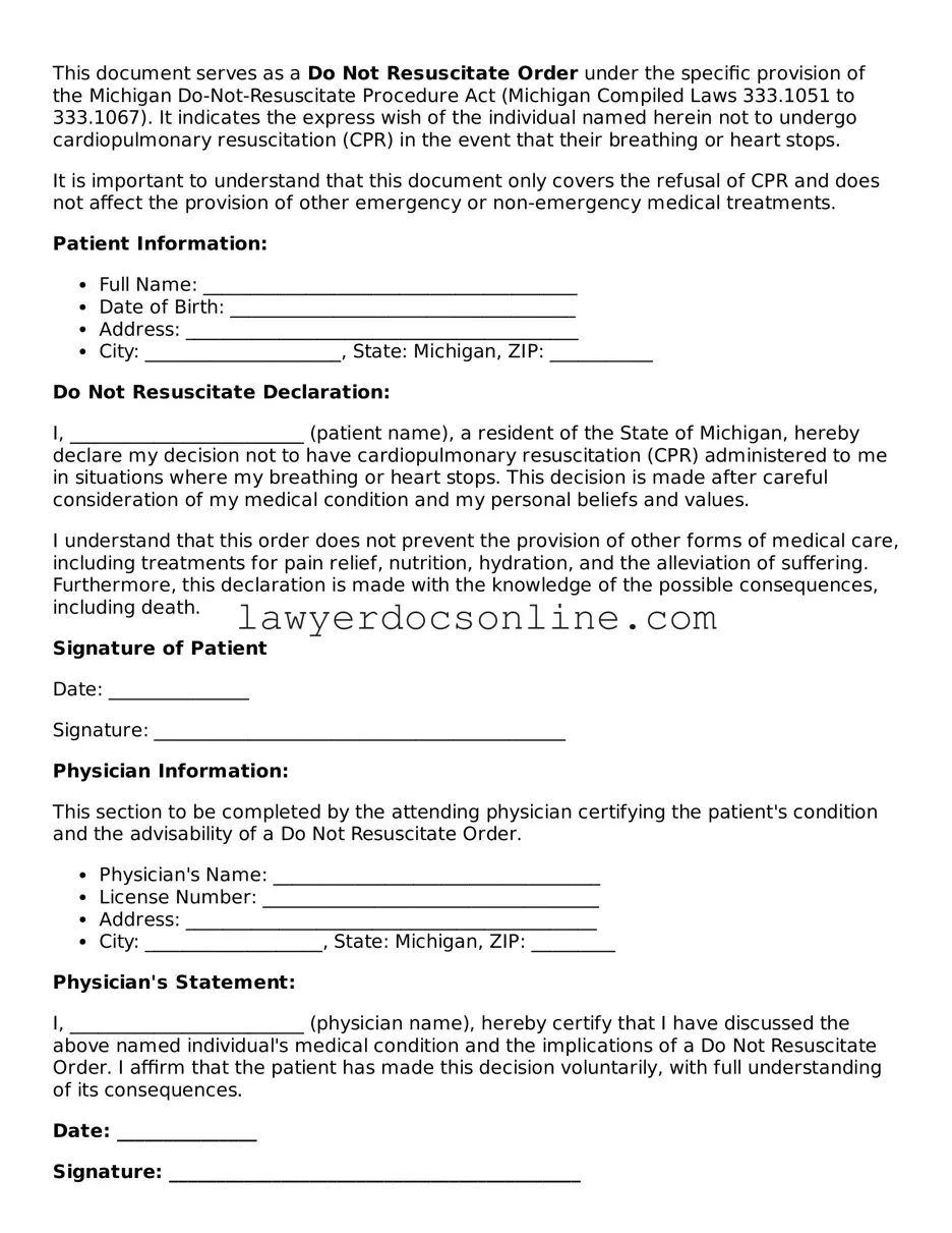 Legal  Do Not Resuscitate Order Form for Michigan