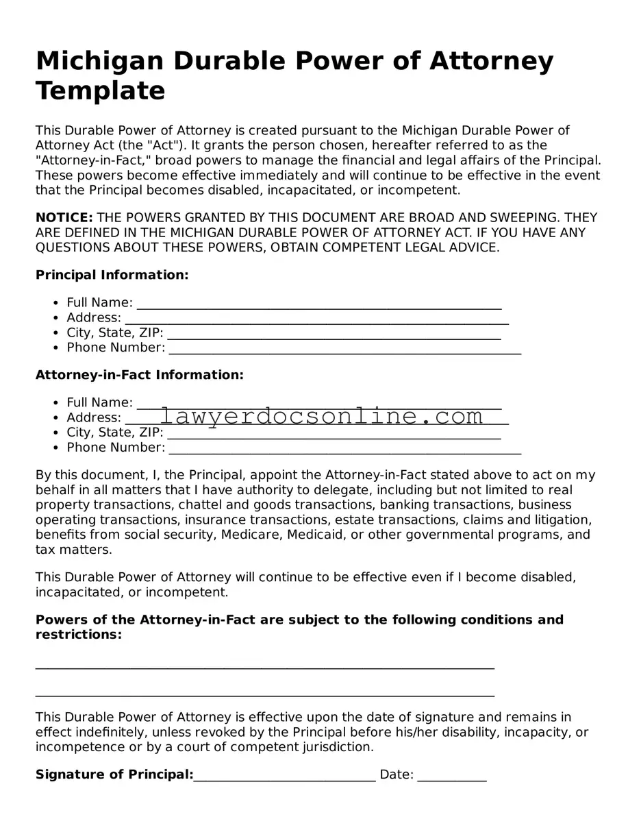Legal  Durable Power of Attorney Form for Michigan