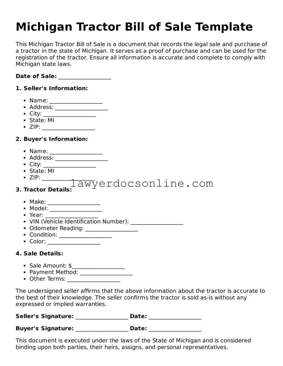 Legal  Tractor Bill of Sale Form for Michigan