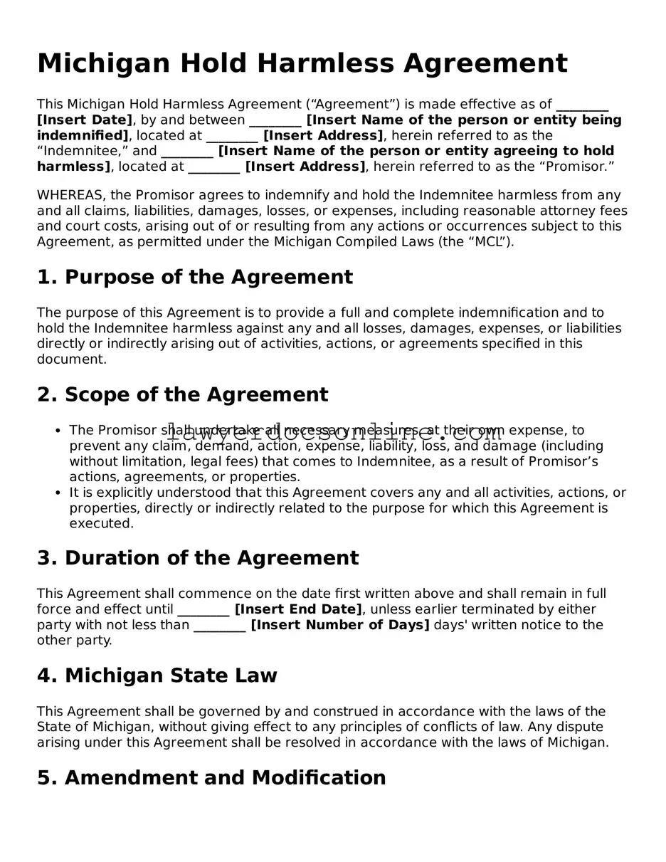 Legal  Hold Harmless Agreement Form for Michigan