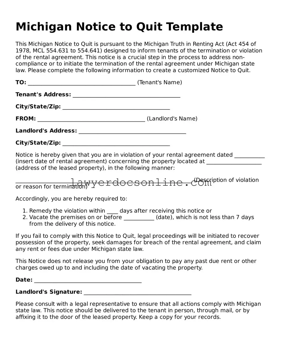 Legal  Notice to Quit Form for Michigan