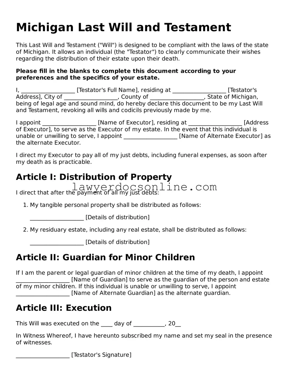 Legal  Last Will and Testament Form for Michigan