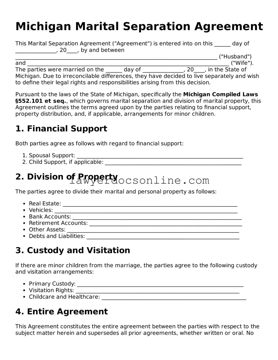 Legal  Marital Separation Agreement Form for Michigan