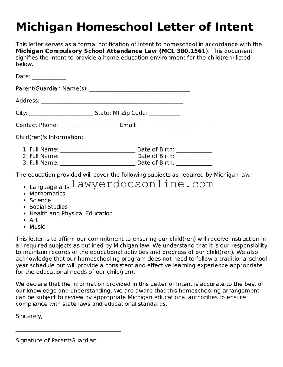 Legal  Homeschool Letter of Intent Form for Michigan
