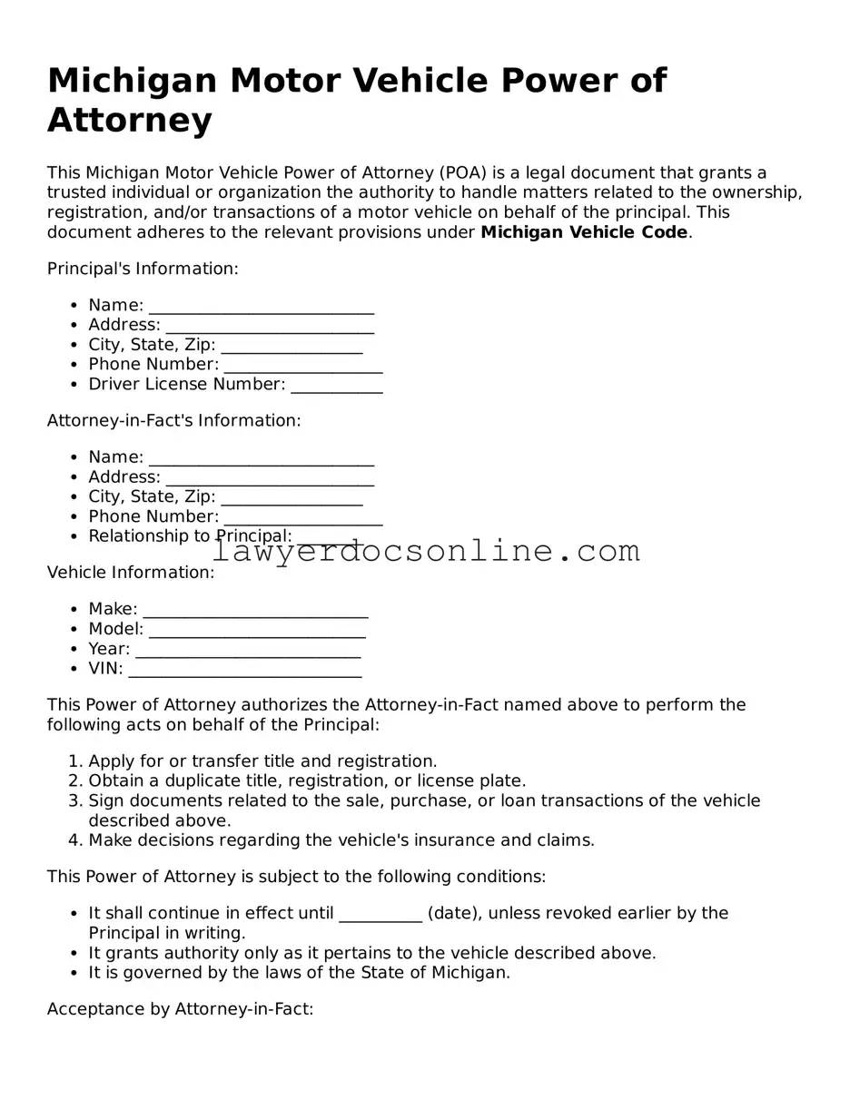 Legal  Motor Vehicle Power of Attorney Form for Michigan