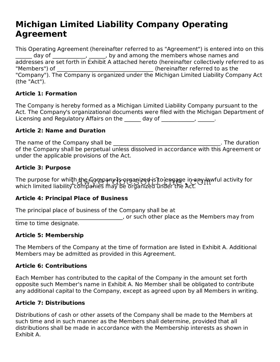 Legal  Operating Agreement Form for Michigan