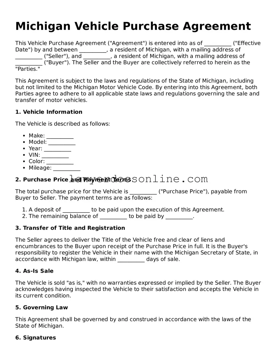 Legal  Vehicle Purchase Agreement Form for Michigan