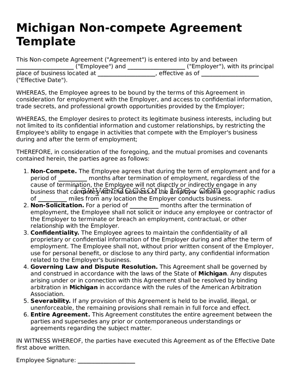 Legal  Non-compete Agreement Form for Michigan