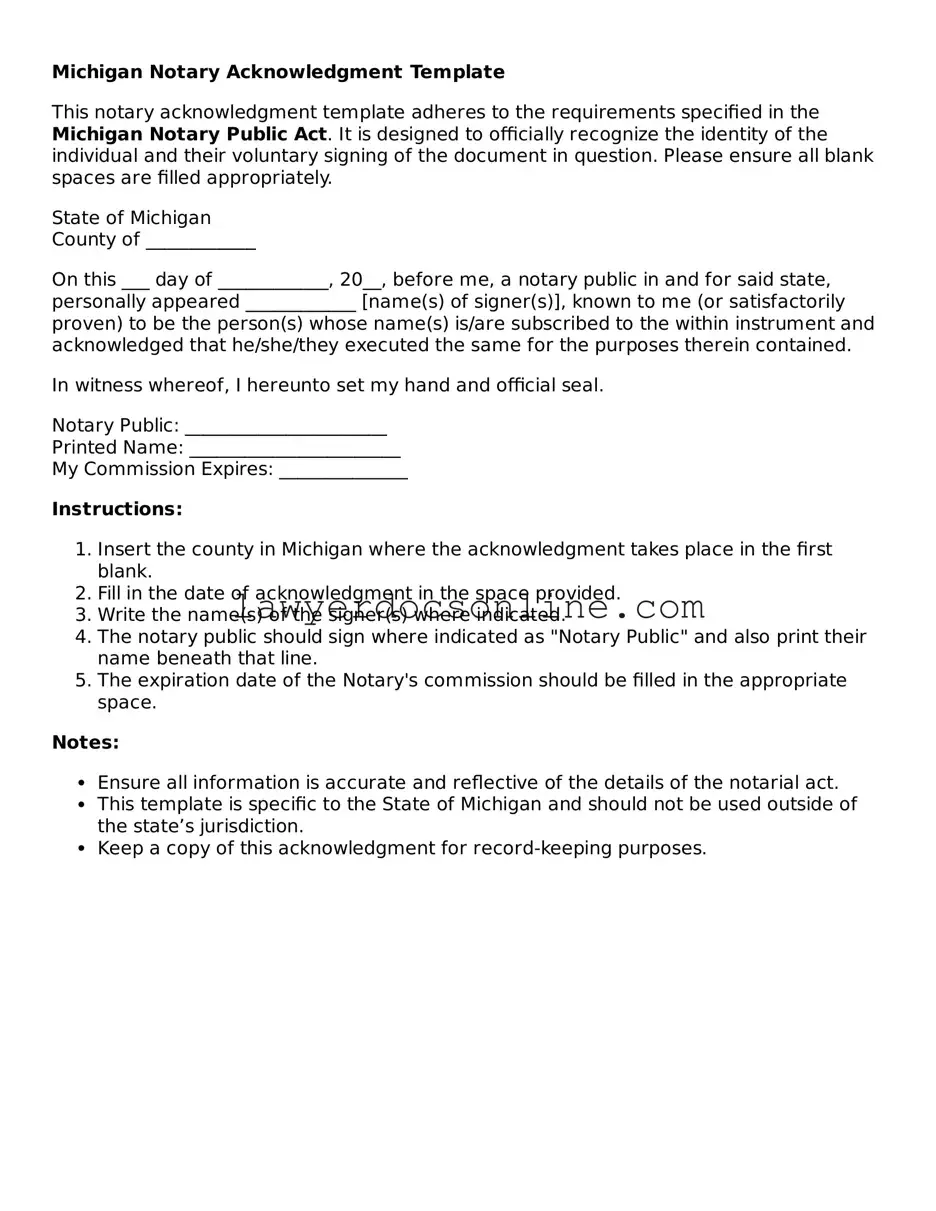 Legal  Notary Acknowledgement Form for Michigan