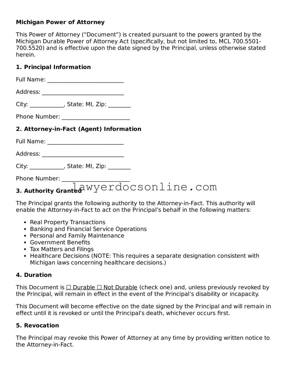 Legal  Power of Attorney Form for Michigan