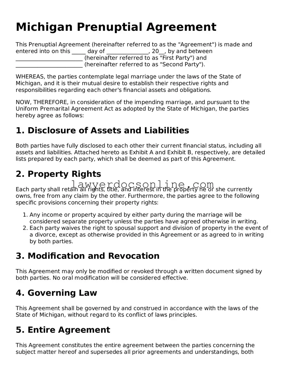Legal  Prenuptial Agreement Form for Michigan