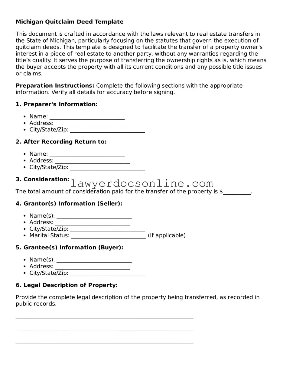 Legal  Quitclaim Deed Form for Michigan