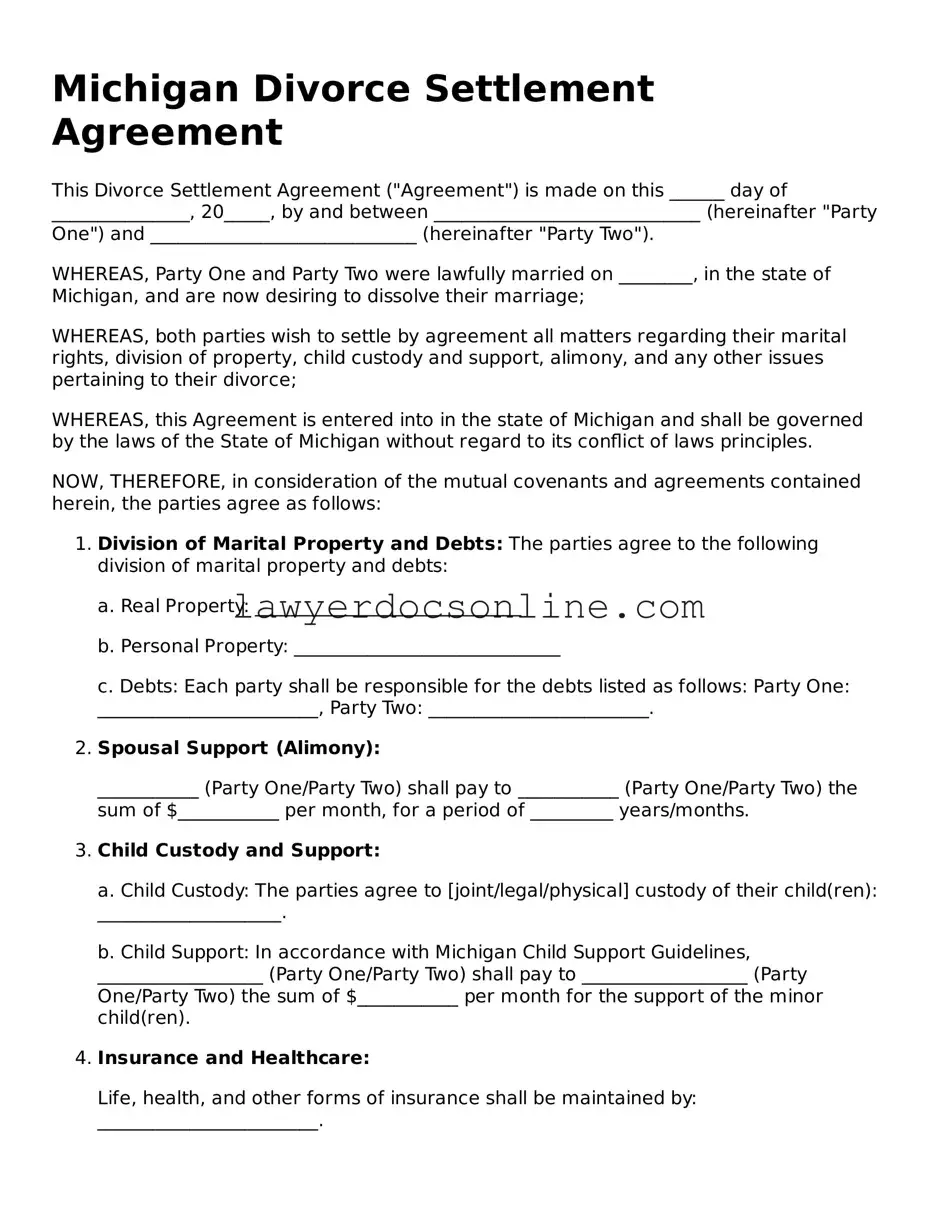 Legal  Divorce Settlement Agreement Form for Michigan