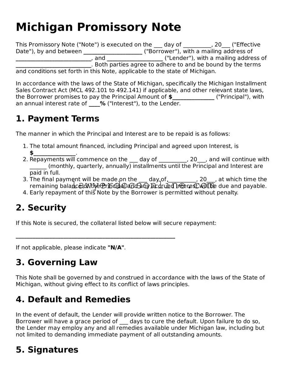 Legal  Promissory Note Form for Michigan