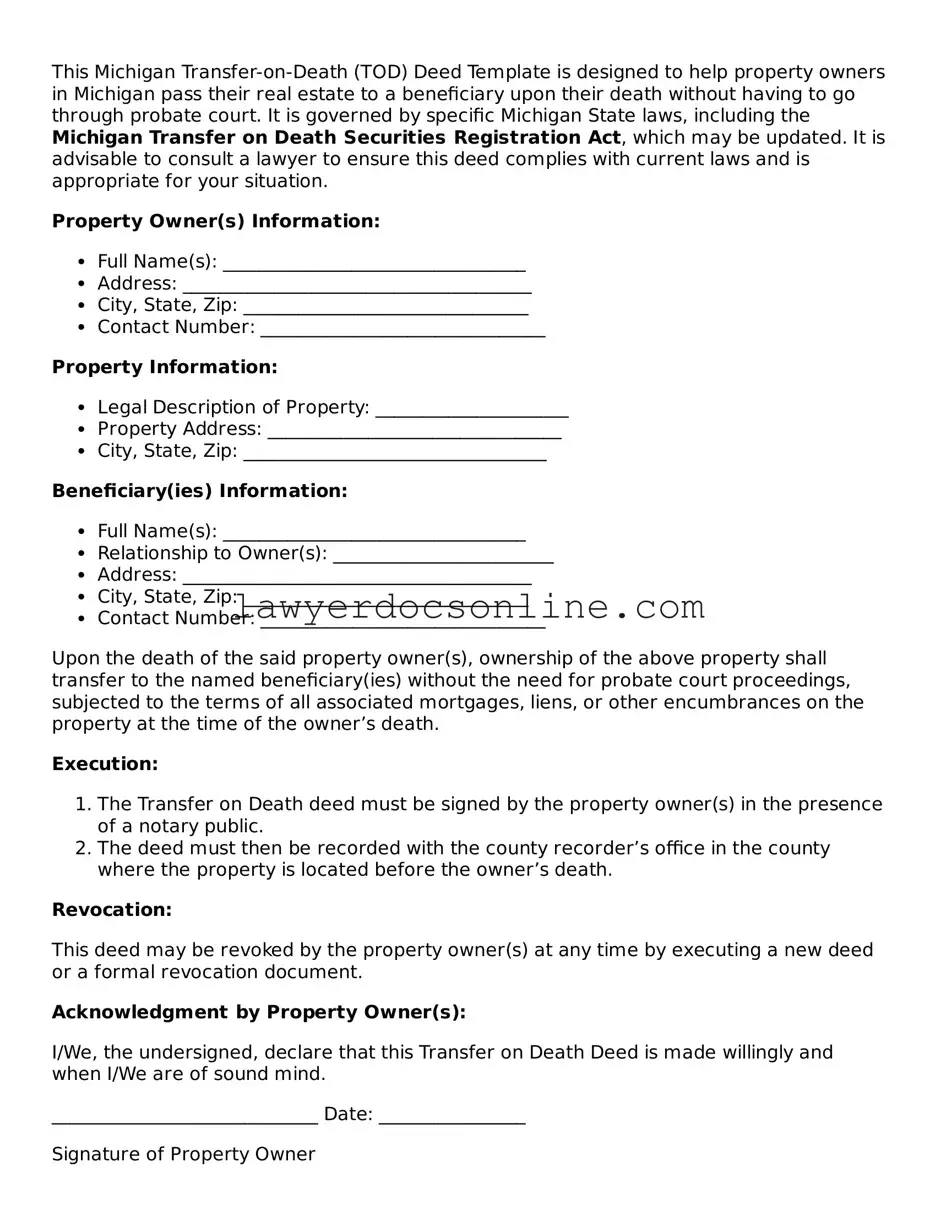 Legal  Transfer-on-Death Deed Form for Michigan
