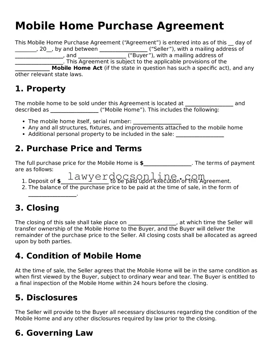 Free Mobile Home Purchase Agreement Document