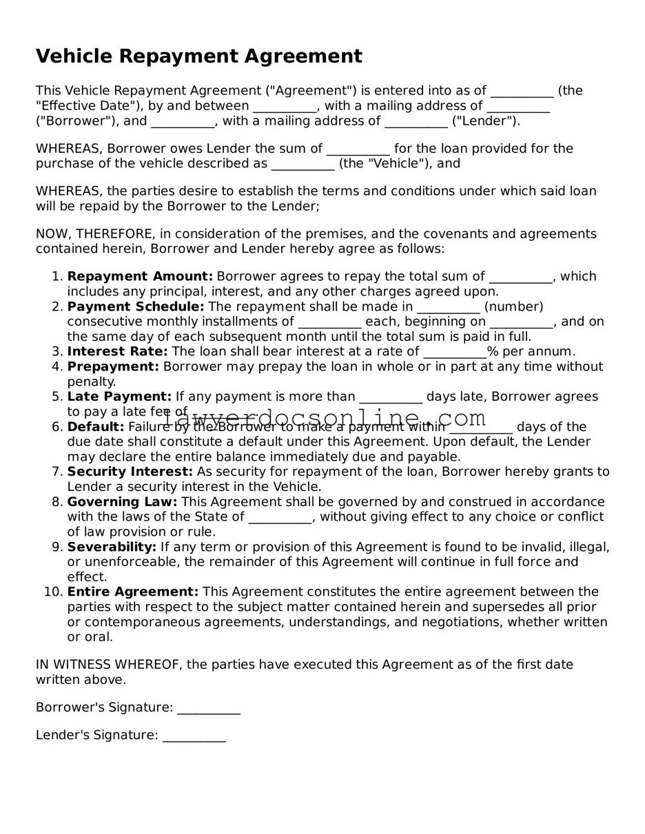 Free Vehicle Repayment Agreement Document