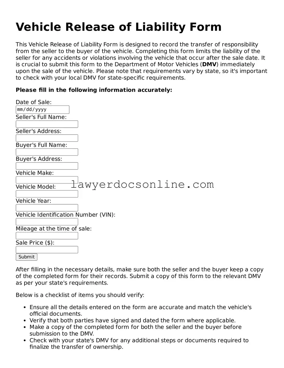 Free Vehicle Release of Liability Document
