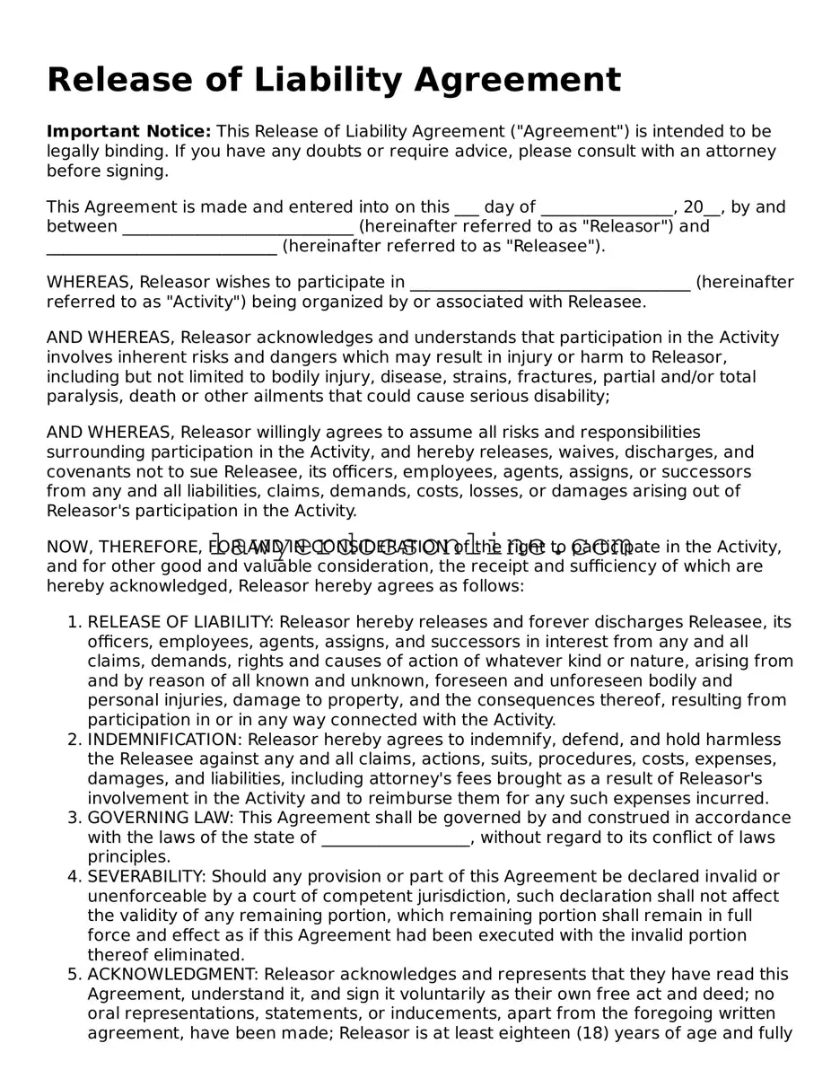 Free Release of Liability Document