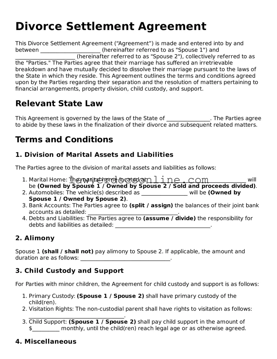Free Divorce Settlement Agreement Document