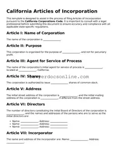 Legal  Articles of Incorporation Form for California