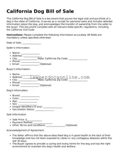 Legal  Dog Bill of Sale Form for California