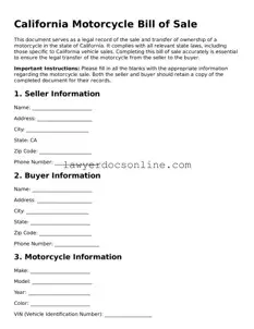 Legal  Motorcycle Bill of Sale Form for California