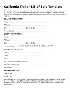 Legal  Trailer Bill of Sale Form for California