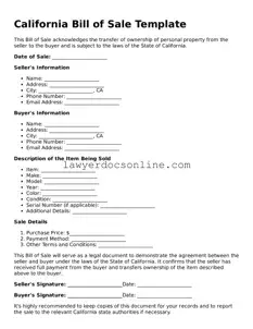 Legal  Bill of Sale Form for California