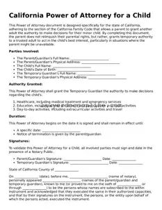 Legal  Power of Attorney for a Child Form for California