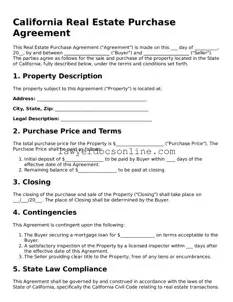 Legal  Real Estate Purchase Agreement Form for California