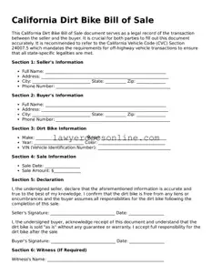Legal  Dirt Bike Bill of Sale Form for California