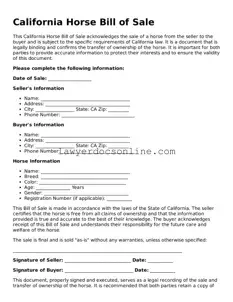 Legal  Horse Bill of Sale Form for California